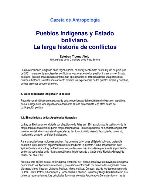 Pueblos indígenas y Estado boliviano. La larga historia de conflictos