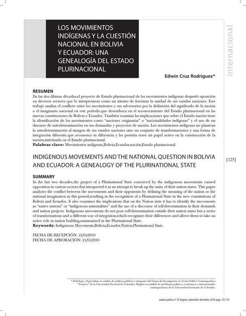 Los movimientos indígenas y la cuestión nacional en Bolivia y Ecuador: Una genealogía del estado plurinacional