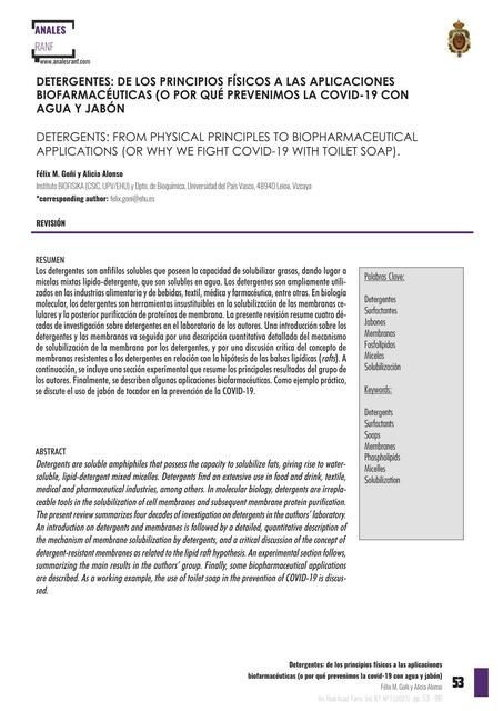 Detergentes: De los principios físicos a las aplicaciones biofarmacéuticas (o por qué prevenimos la COVID-19 con agua y jabón)