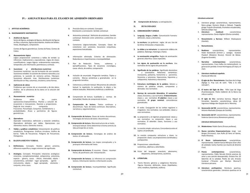 Asignaturas para el Examen de Admisión Ordinario