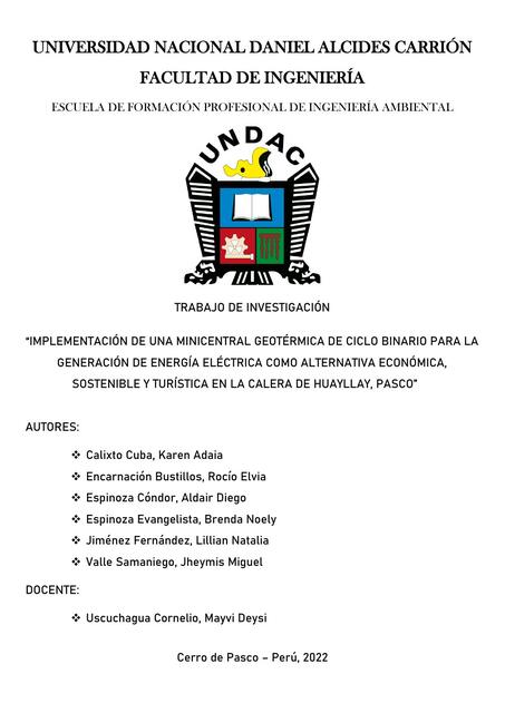 Implementación de una Minicentral Geotérmica de Ciclo Binario para la Generación de Energía Eléctrica como Alternativa Económica, Sostenible y Turística 