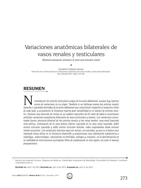 Variaciones Anatómicas Bilaterales de Vasos Renales y Testiculares