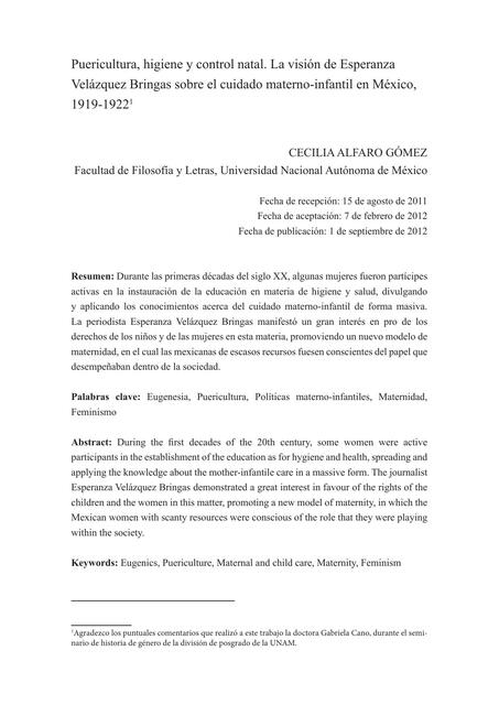 Puericultura, Higiene y Control Natal. La Visión de Esperanza Velázquez Bringas sobre el Cuidado Materno-Infantil 