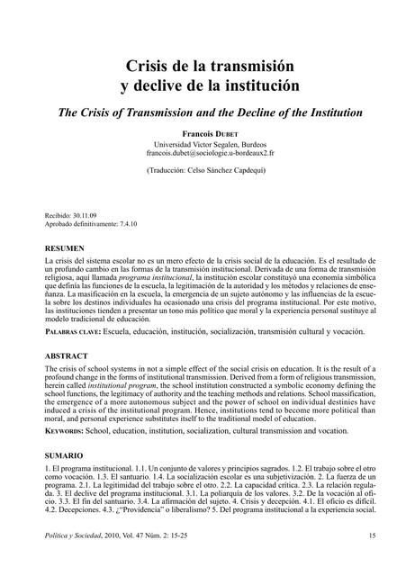 Crisis de la transmisión y declive de la institución