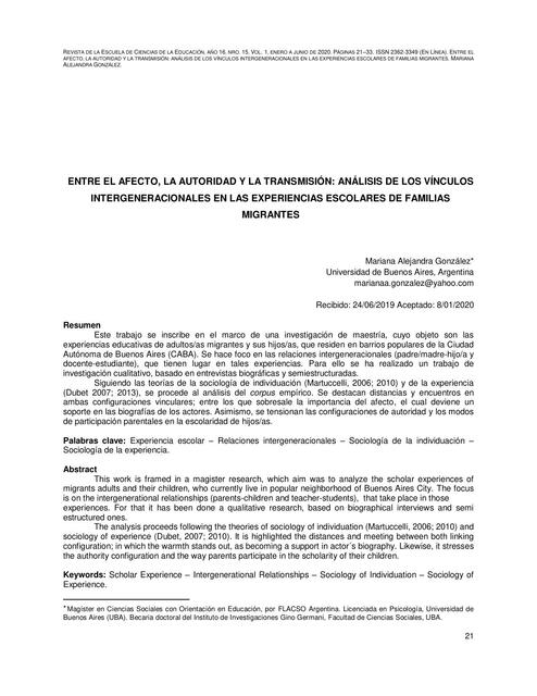 Entre el afecto, la autoridad y la transmisión. Análisis de los vínculos intergeneracionales en las experiencias escolares de familias migrantes