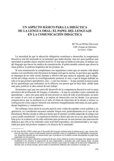 Un aspecto básico para la didáctica de la lengua oral. El papel del lenguaje en la comunicación didáctica