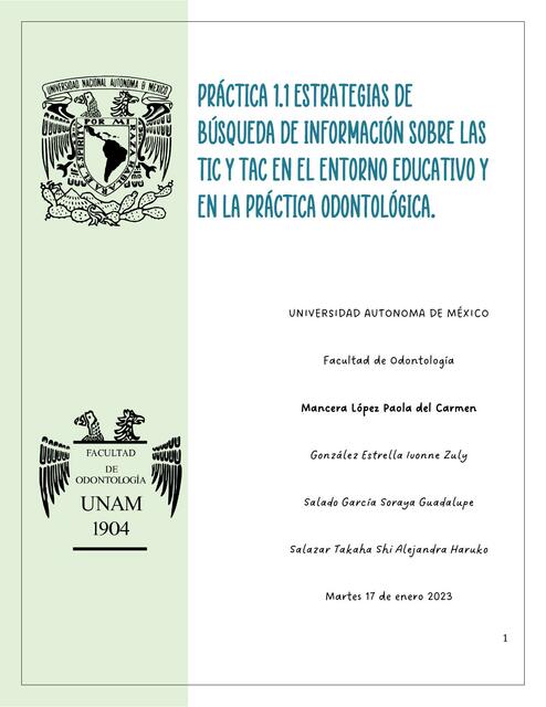 Práctica 1.1 Estrategias de búsqueda de información sobre las TIC y TAC en el entorno educativo y en la práctica odontológica