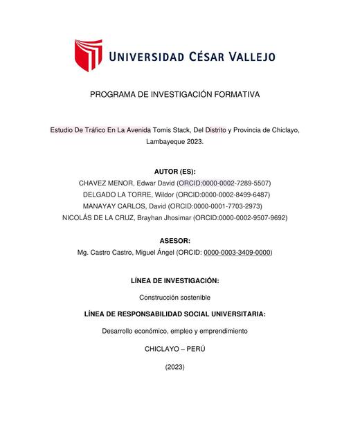 Estudio de tráfico en la Av. Tomis Stack, del distrito y provincia de Chiclayo, Lambayeque 2023