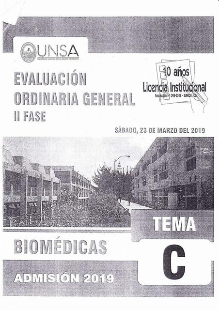 Examen de Admisión Ordinario UNSA Fase II Biomédica | Jeancarlo M. | uDocz