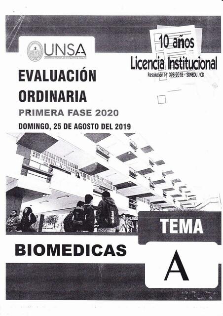 Examen de Admisión Ordinario UNSA Fase I Biomédica | Jeancarlo M. | uDocz