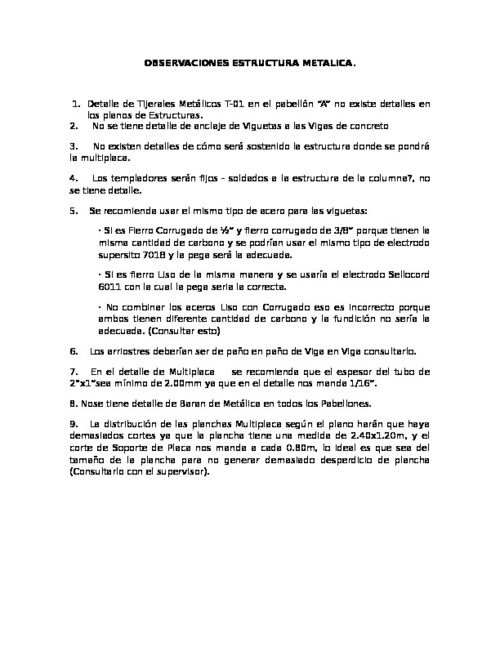 Observaciones Estructura Metalica