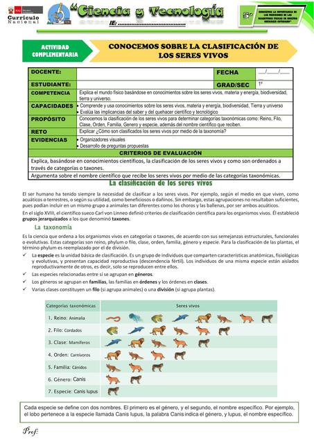 Clasificación de los Seres Vivos 