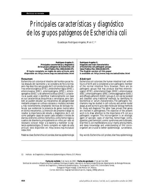 Principales características y diagnóstico de los grupos patógenos de Escherichia coli 