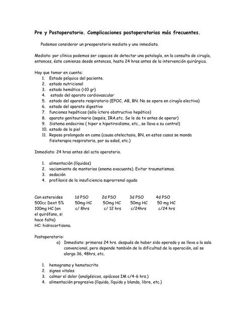 Pre y postoperatorio. Complicaciones postoperatorias mas frecuentes 