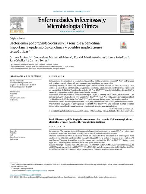 Bacteriemia por Staphylococcus Aureus Sensible a Penicilina. Importancia Epidemiológica, Clínica y Posibles Implicaciones Terapéuticas