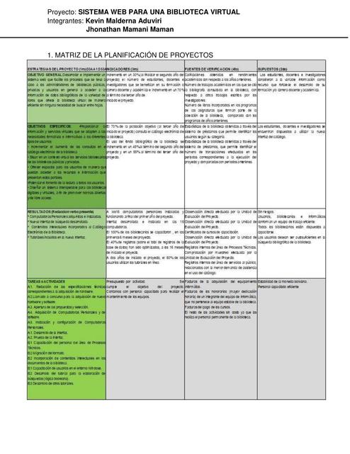 Matriz de la planificación de proyectos 