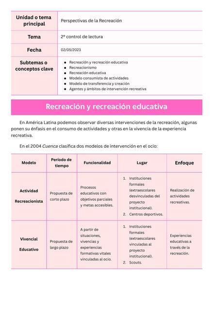 Recreación Educativa: Modelos, Agentes y Ámbitos