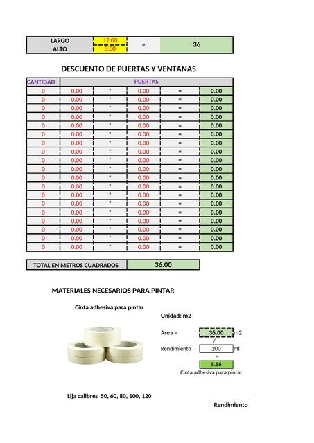 Hoja de Calculo de Pintura