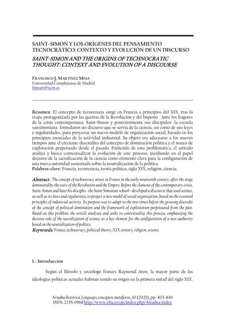 Saint Simon y los orígenes del pensamiento tecnocrático. Contexto y evolución de un discurso 