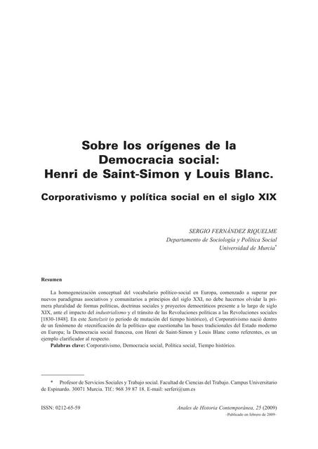 Sobre los orígenes de la Democracia social. Henri de Saint-Simon y Louis Blanc