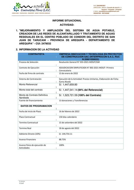 Informa situacional mejoramiento del sistema de agua potable  