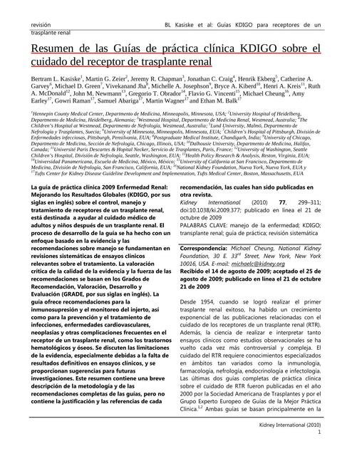 Resumen de las Guías de práctica clínica KDIGO sobre el cuidado del receptor de trasplante renal