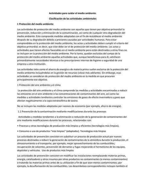 Actividades para cuidar el medio ambiente. Clasificación de las actividades ambientales 