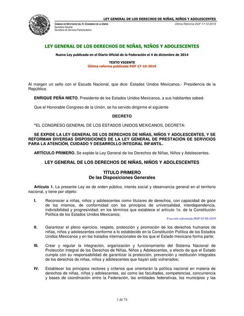 Ley General de los Derechos humanos de Niños, Niñas y Adolescentes 