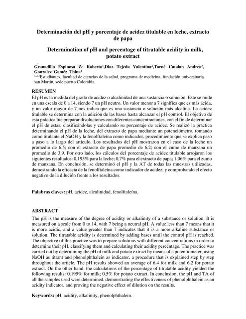 Determinación del pH y Porcentaje de Acidez Titulable en Leche, Extracto de Papa