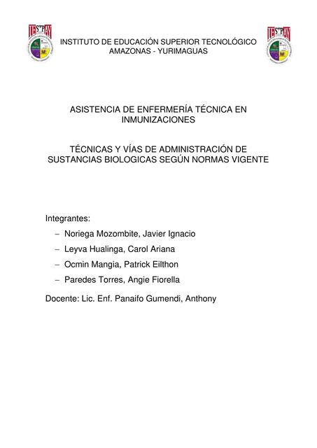 Técnicas de Administración de Sustancias Biológicas Según Normas Vigente 