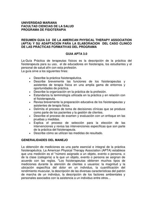 Resumen guía 3.0  de la american physical therapy association   (apta) y su adaptación para la elaboración  del caso clínico de las prácticas formativas del programa