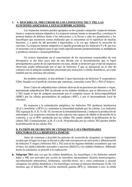 Precursor de los linfocitos TH1 y TH2, las funciones asociadas a estas subpoblaciones