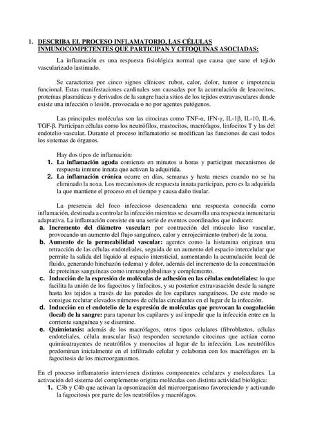 Proceso inflamatorio, las células inmunocompetentes que participan y citoquinas asociadas