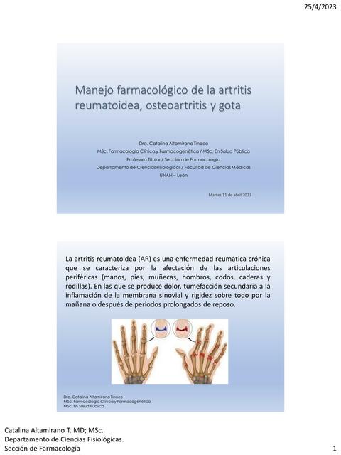 Manejo farmacológico de la artritis reumatoidea, osteoartritis y gota