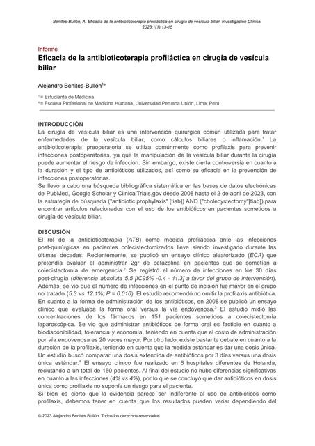 Lectura Crítica: Eficacia de la antibioticoterapia profiláctica en cirugía biliar