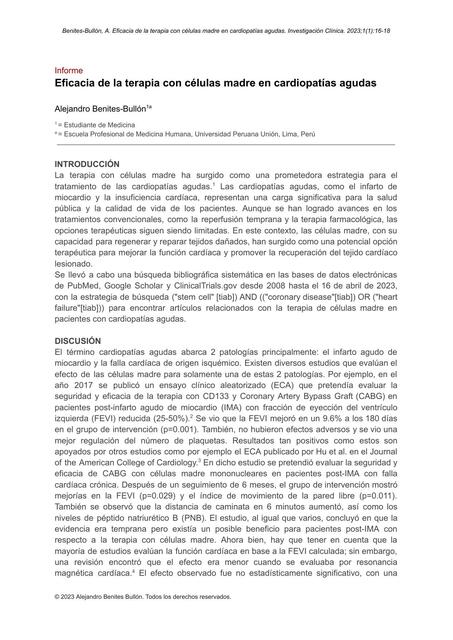 Lectura Crítica: Eficacia de la terapia con células madre en cardiopatías agudas