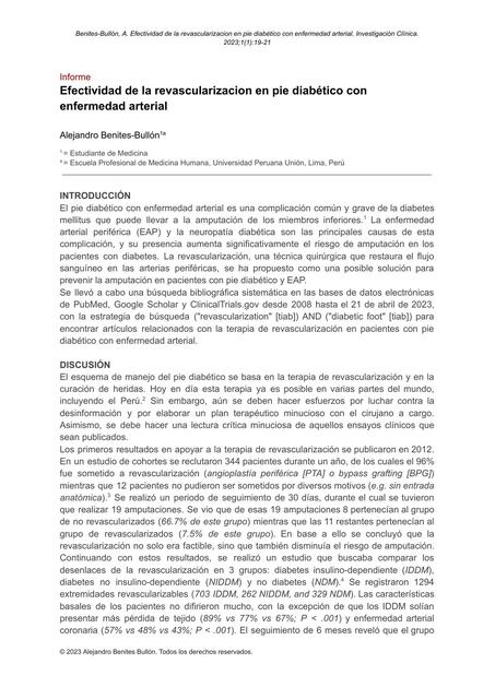 Lectura Crítica: Efectividad de la revascularización en pie diabético con enfermedad arterial 