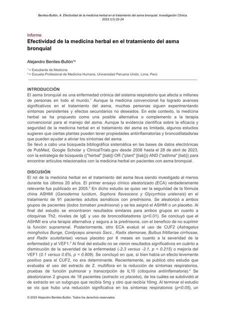 Lectura Crítica: Efectividad de la medicina herbal en el tratamiento del asma bronquial 