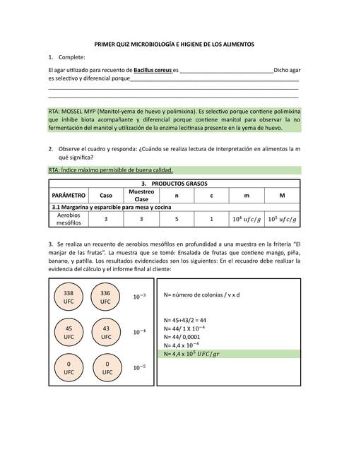 Primer  Quiz  Microbiología  e Higiene  De Los  Alimentos 