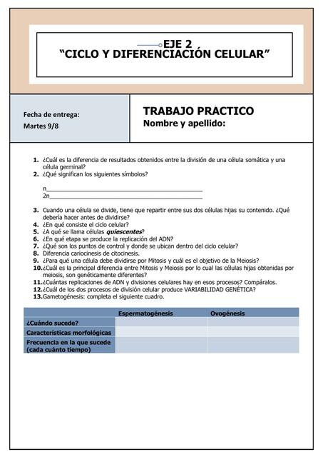 Trabajo Práctico Ciclo celular y diferenciación