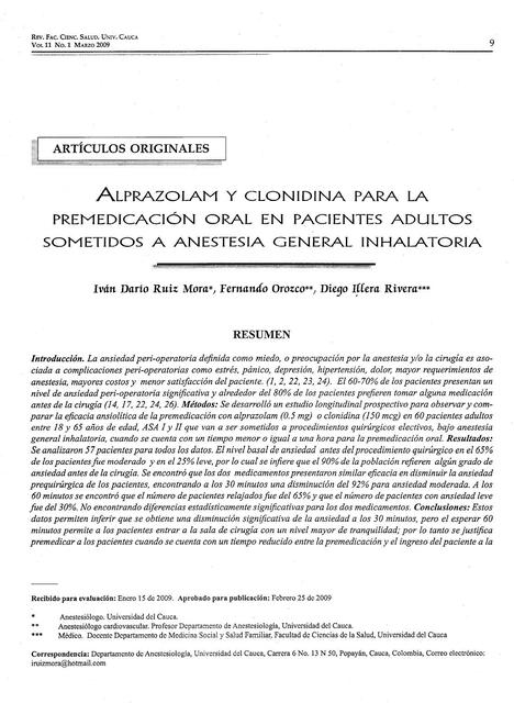 Alprazolam y Clonidina para la Premedicación Oral en Paciente Adultos Sometidos a Anestesia General Inhalatoria 