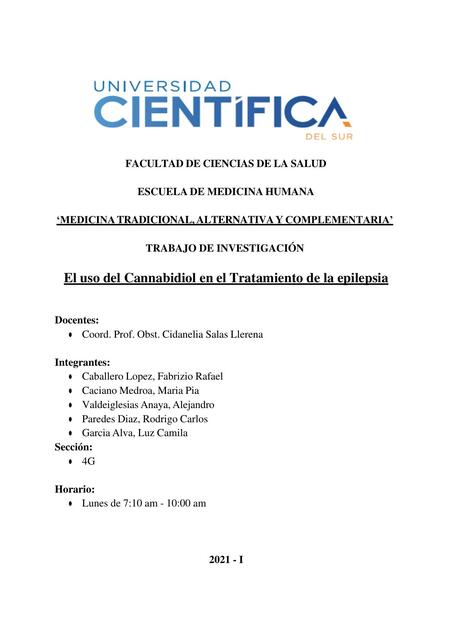 Trabajo de investigación El uso del Cannabidiol en el tratamiento de epilepsia 