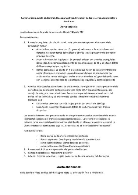 Aorta Torácica. Aorta Abdominal. Ilíacas Primitivas. Irrigación de las Vísceras Abdominales y Torácicas 