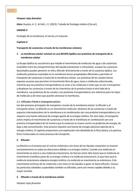 Resumen: Capítulo 4 Transporte de sustancias a través de las membranas celulares