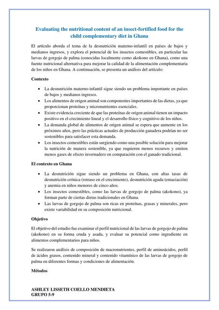 Evaluating the nutritional content of an insect-fortified food Ghana - Análisis