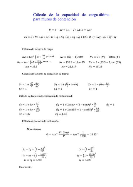 Cálculo de la Capacidad de Carga Última para Muros de Contención