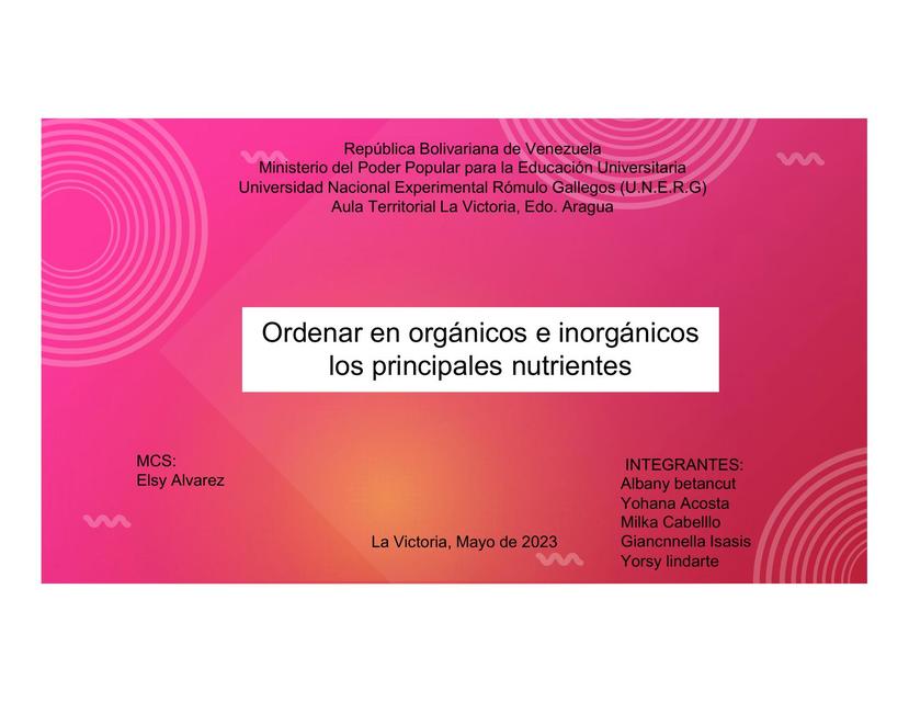 Ordenar en orgánicos e inorgánicos los principales nutrientes 