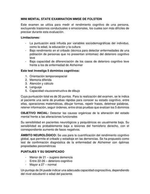 Mini Mental state examinación  MMSE de Folstein   