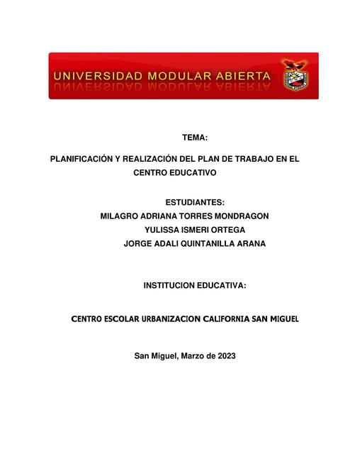 Planificación y realización del plan de trabajo en el centro educativo