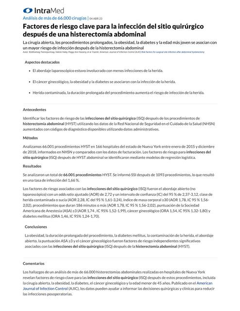 Factores de Riesgo Clave para la Infección del Sitio Quirúrgico Después de una Histerectomía Abdominal 